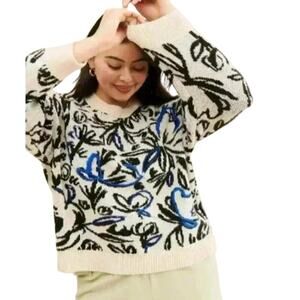 ANTHROPOLOGIE Blue Floral Pop Embroidered Sweater, Size XS, New w/ Tag MSRP $128